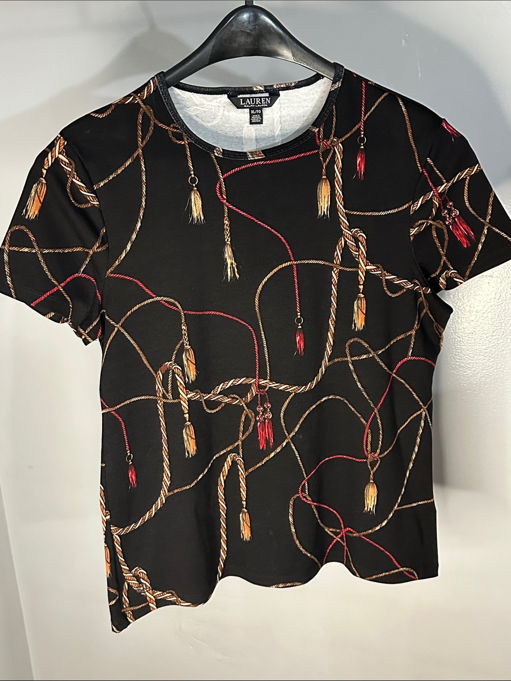 Lauren Ralph Lauren Black Short Sleeve Top with Gold & Red Rope Tassel Print